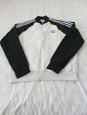 adidas White & Black Track Jacket with Neon Yellow Piping